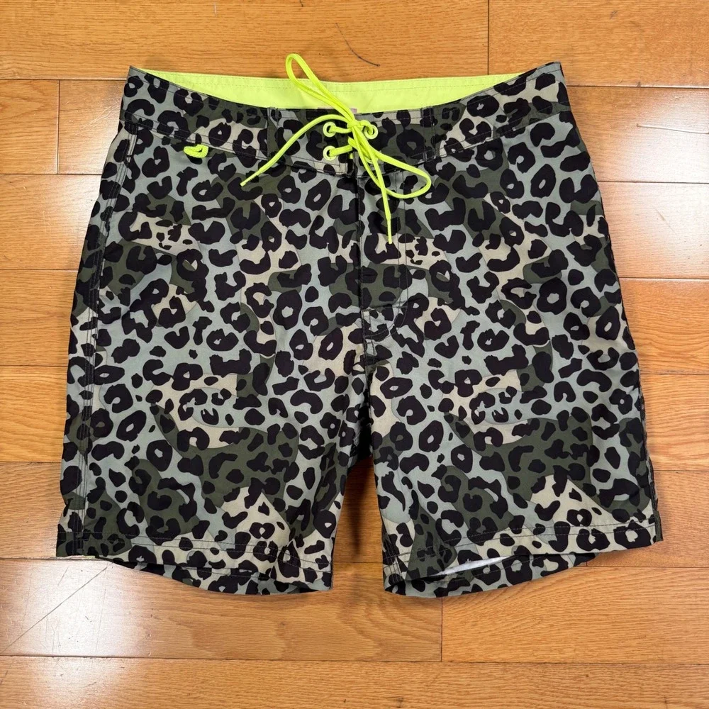 Sundek Mens Leopard Print Board Shorts Neon Green Rainbow Stripe Size 28 M503BD